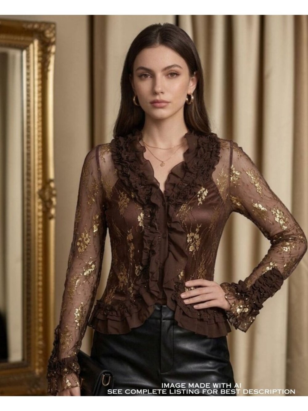 NWT Vintage Kaelyn Max Sheer Lace Mesh Ruffled Top S Gold Metallic Fairy Poet